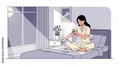 Young woman applying moisturizer to arm while sitting on bed at night in cozy bedroom illustration