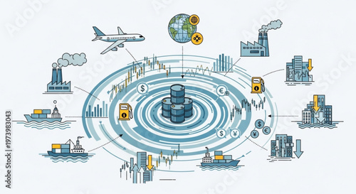 Global economic and energy market infographic with oil barrels trade routes shipping planes and stock market charts for financial analysis concept