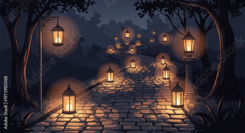 Stone path in dark forest illuminated by glowing vintage lanterns at night illustration