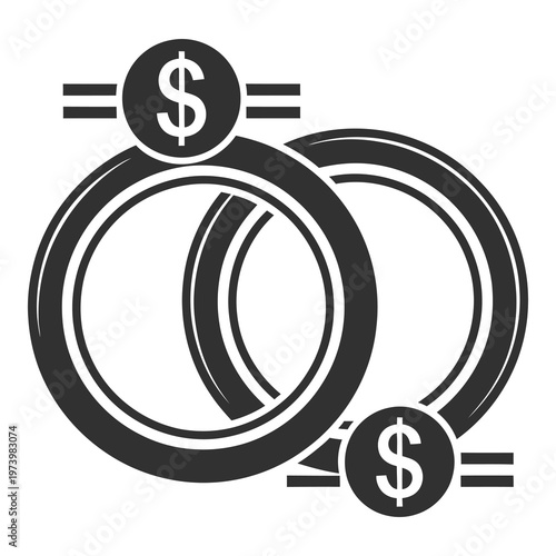 Two overlapping coins with dollar signs on white background icon