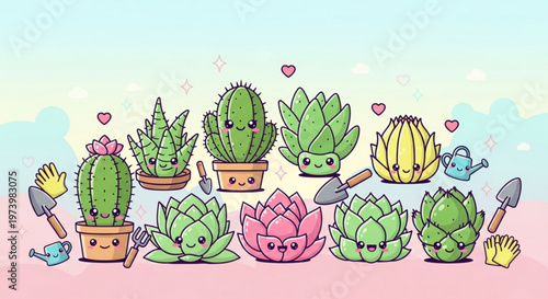 Cute kawaii style succulent and cactus character collection with gardening tools and hearts illustration