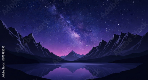 Majestic mountain range landscape under a vibrant starry night sky with Milky Way and reflection illustration