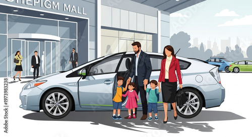Happy family with two young children arriving at modern shopping mall in silver hybrid car