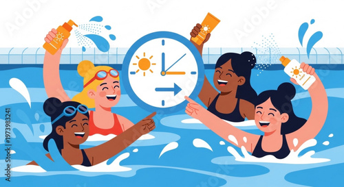 Group of happy diverse women playing in swimming pool while holding sunscreen bottles with clock icon