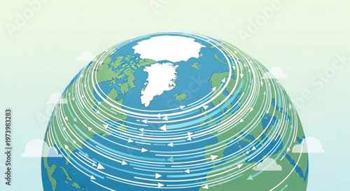 Global climate change visualization showing circular wind and ocean current patterns around planet Earth