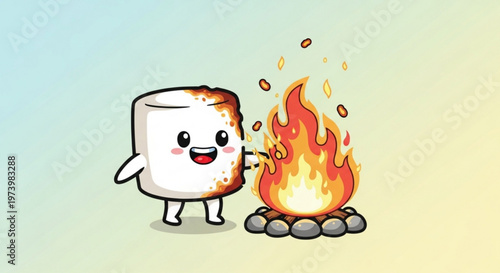 Cute cartoon marshmallow character roasting itself over a bright orange campfire on gradient background