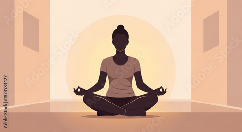 Silhouette of woman meditating in lotus position in quiet minimalist room representing mindfulness and mental health peace