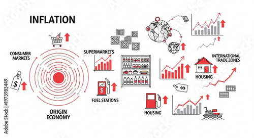 Infographic showing economic inflation factors including consumer markets supermarkets fuel stations and housing costs