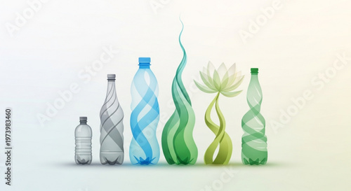 Abstract illustration of plastic bottles transforming into organic plant shapes representing environmental sustainability and recycling concept