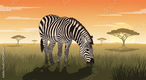 Zebra grazing in African savanna during golden sunset with acacia trees in background