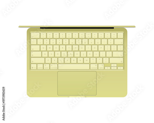 Photorealistic detailed green notebook mockup. Front view of opened notebook with keyboard isolated on transparent background. Vector PNG