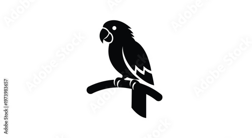 Minimalist vector graphic illustration of a stylized parrot perched on a simple branch perfect for logo design projects needing a clean and modern animal icon