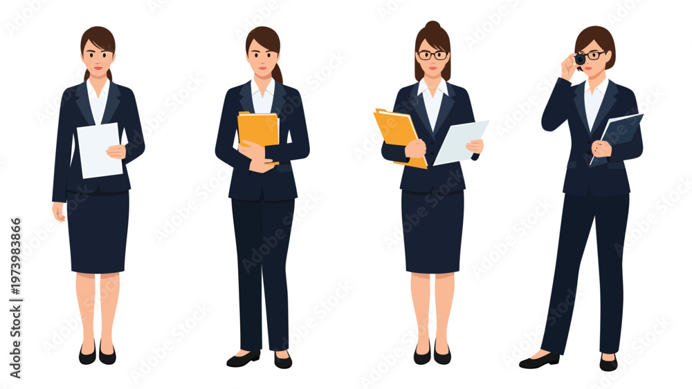 Obraz premium Diverse Businesswomen in Corporate Attire with Documents & Phone - Vector Set