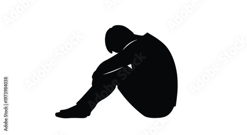 A powerful vector illustration depicting a solitary figure sitting curled up in a posture of sadness, loneliness, or deep contemplation on a clean white background.