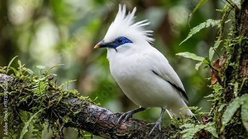 Close-up profile of a stunning Bali myna bird perched on a mossy branch in its natural lush green forest habitat, showcasing vibrant blue facial skin