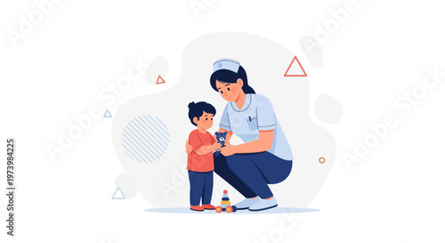 Nurse playing with child, caring for kid, medical help, healthcare concept illustration