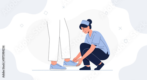Nurse Helping Patient Tie Shoelaces, Healthcare Assistance, Medical Care Concept