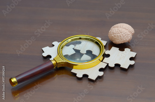 Psychological Research Concept with Magnifying Glass over Jigsaw Puzzle Pieces and Human Brain Model