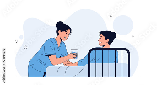 Nurse giving water to patient in hospital bed, caring, medical assistance illustration