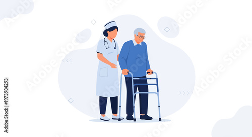 Nurse assisting elderly man with walker, healthcare, medical support, home care illustration