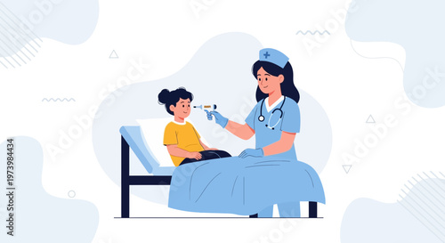 Nurse giving injection to a child in hospital bed, medical care illustration