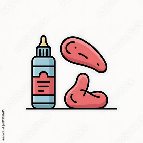 Medical dropper bottle next to irregular red shapes on a clear background