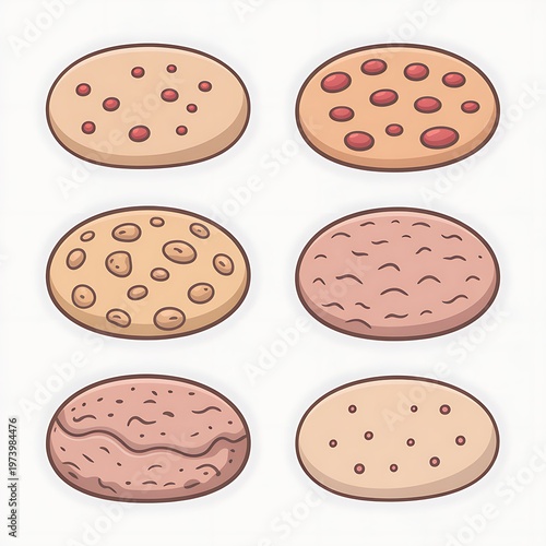 Various circular shapes displaying different skin conditions or texture patterns on a plain background