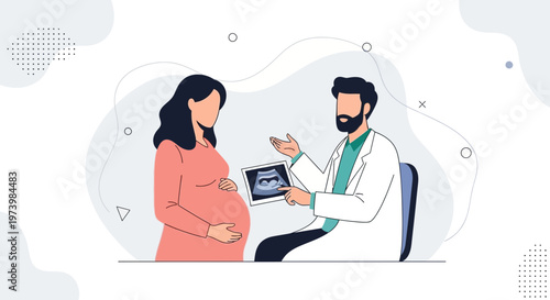 Doctor shows ultrasound to pregnant woman, medical consultation, pregnancy care