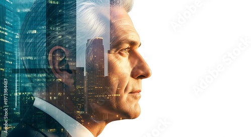 Mature businessman profile with double exposure of city skyscrapers and night lights for visionary corporate leadership and strategic thinking