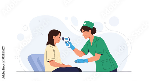 Nurse taking child's temperature with infrared thermometer, healthcare concept