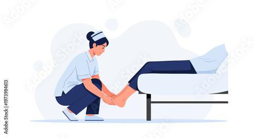 Nurse examines patient's foot, physiotherapy, medical care, rehabilitation, healthcare concept