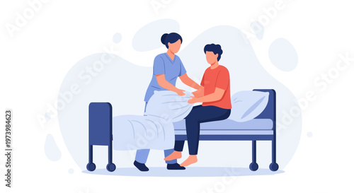 Nurse helping patient sit up in hospital bed, medical care illustration