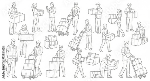 Package Courier Workers CAD Line Art Delivery People Vector Collection Logistics Illustration Set