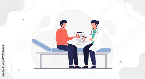 Doctor consulting patient about medical report on examination table