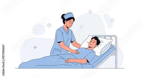 Nurse Caring for Patient in Hospital Bed, Healthcare Illustration