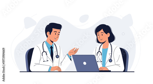 Doctors Discussing Medical Case with Laptop in Modern Office