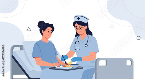 Nurse feeding patient in hospital bed, healthcare, medical assistance, care, healthy food