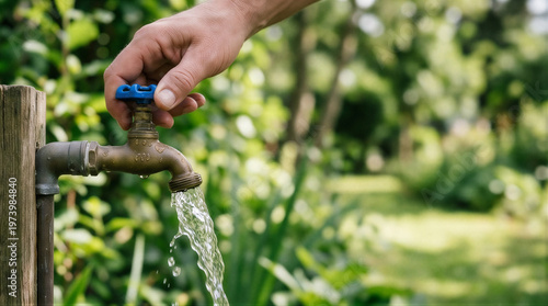 A close-up of a hand holding a water faucet with water coming out of it.