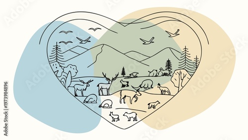 Photography Abstract line art nature landscape illustration inside heart shape with wild animals and mountains