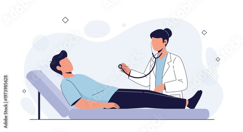 Doctor examining patient lying on examination table with stethoscope