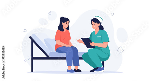 Nurse Consults Patient Sitting on Medical Bed, Healthcare Consultation Illustration