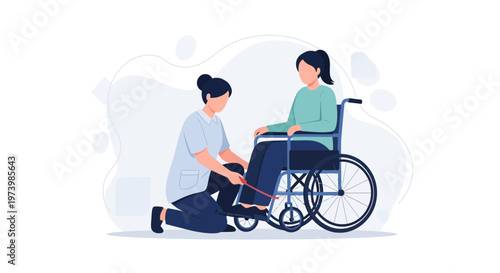 Nurse assisting patient in wheelchair, healthcare, support, rehabilitation concept