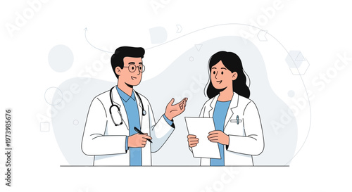 Two doctors in white coats discussing medical chart, illustration