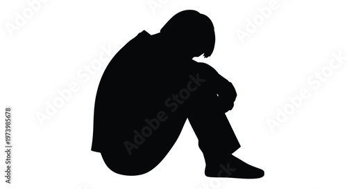 Powerful graphic design showing a solitary individual's silhouette sitting alone, hunched over in a state of deep contemplation, expressing sorrow, grief, and profound emotional distress.
