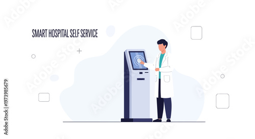 Doctor using smart hospital self-service kiosk for patient check-in and information