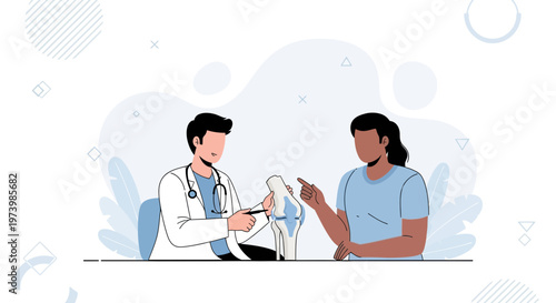 Doctor Explains Knee Joint Model to Patient, Medical Consultation Illustration