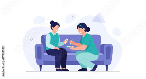 Healthcare professional checks patient's blood sugar level on couch