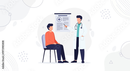 Doctor consulting patient about medical report in clinic, flat illustration