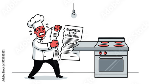 Angry chef tears business loan agreement, symbolizing restaurant financial distress, startup failure, or business struggles