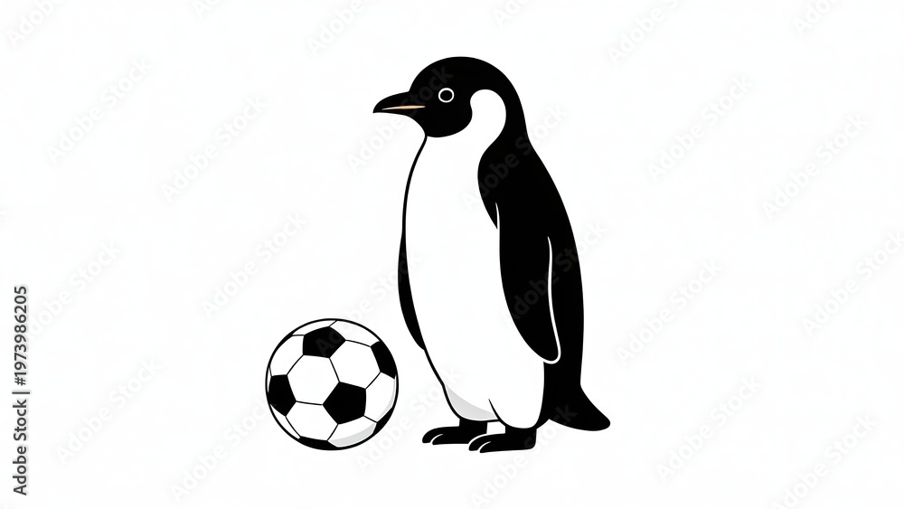 Obraz premium Penguin standing with a soccer ball, clean minimal vector on white.